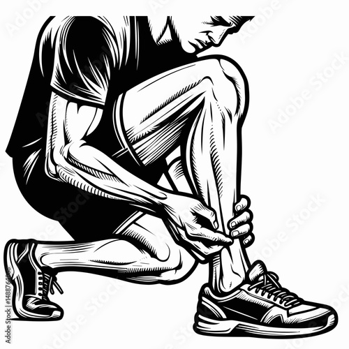 Man checking sprained ankle while squatting on the ground 