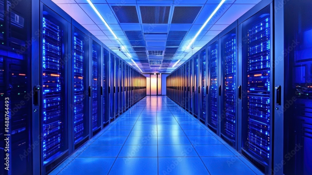 Data center server room with rows of lit network cabinets. Data center server room with rows of lit network cabinets.