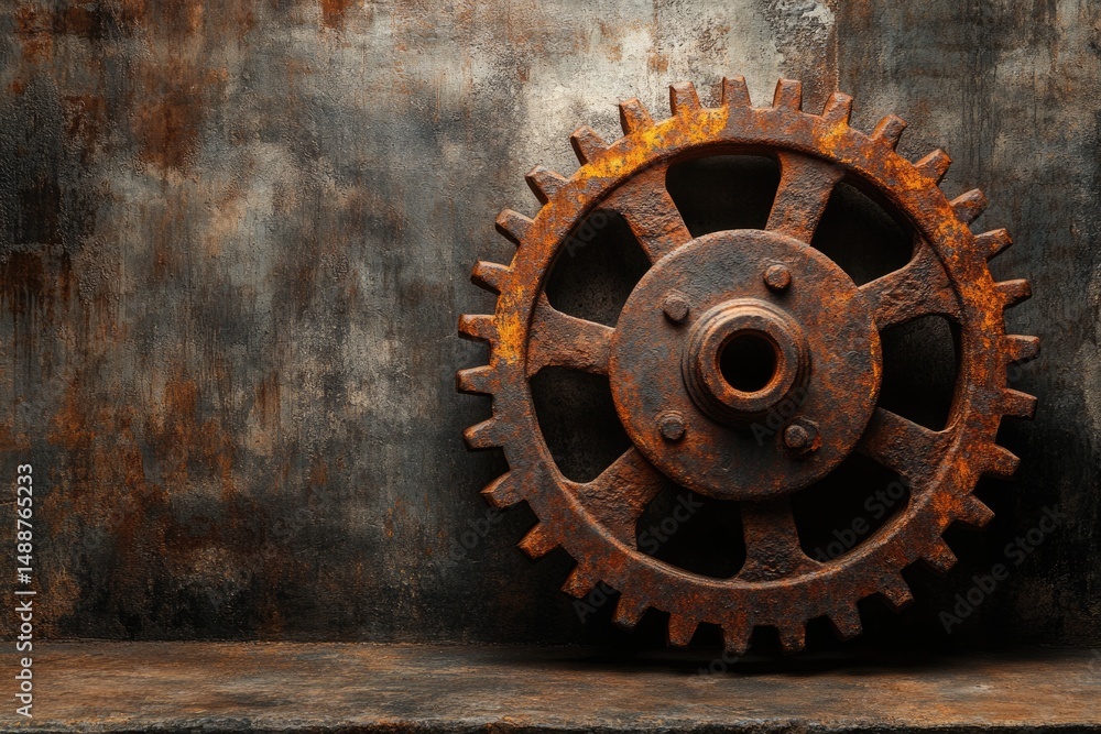 A rusty, antique-looking gear sits against a worn, textured metal background, evoking themes of industry and decay. A rusty, antique-looking gear sits against a worn, textured metal background, evoking themes of industry and decay.