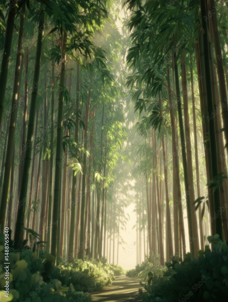 Fototapeta premium Lush, sunlit path through a dense bamboo forest.