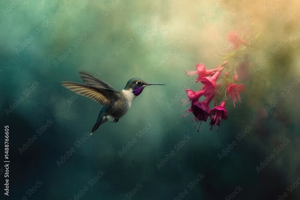Fototapeta premium A hummingbird hovers mid-air, wings spread wide, poised near vibrant pink flowers, set against a soft, ethereal background, capturing a moment of delicate beauty.