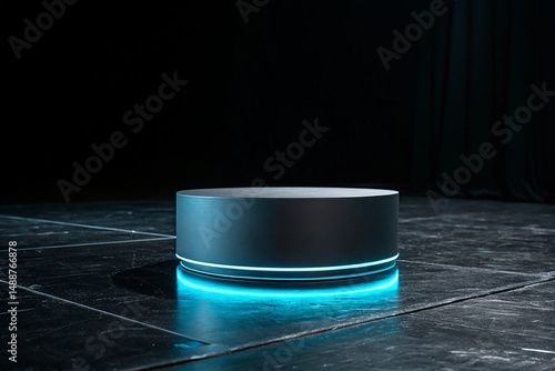 A modern illuminated podium for product presentation against a dark backdrop
