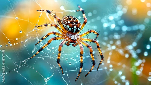 Wallpaper Mural Close-Up of Colorful Spider on Dewy Web in Nature Torontodigital.ca