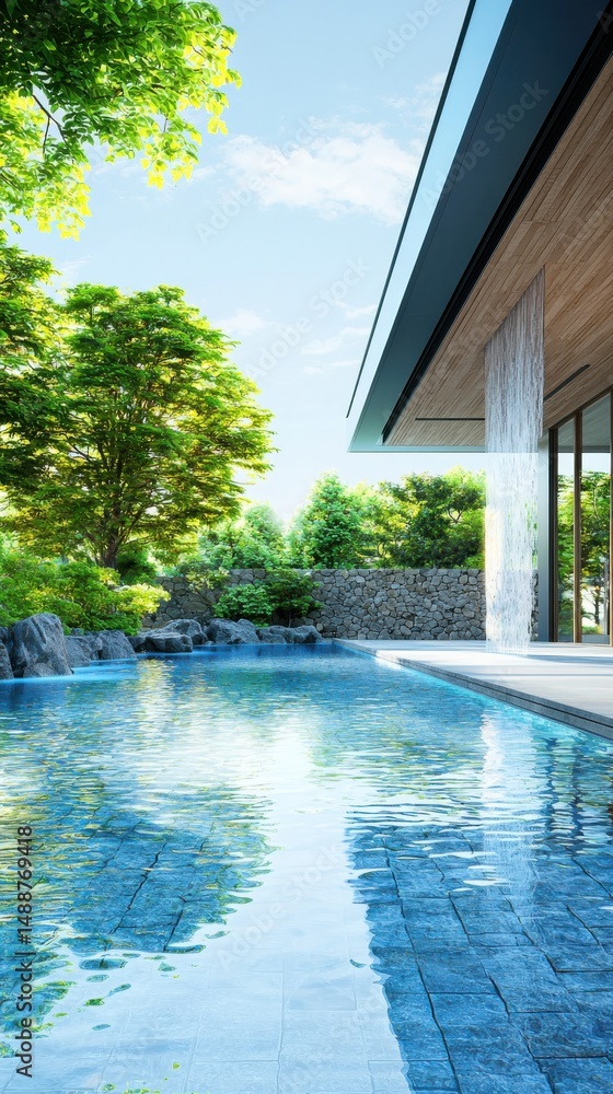 Fototapeta premium Tranquil waterfall escape modern home pool outdoor serenity lush greenery daytime relaxation concept
