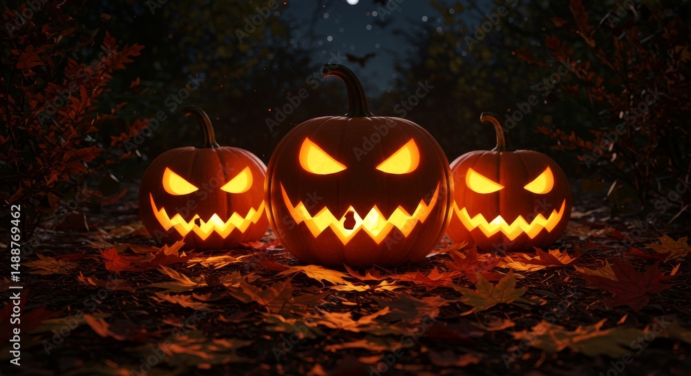 Spooky Halloween Pumpkins - Three illuminated jack-o'-lanterns sit amongst autumn leaves at night. A spooky Halloween scene Spooky Halloween Pumpkins - Three illuminated jack-o'-lanterns sit amongst autumn leaves at night. A spooky Halloween scene