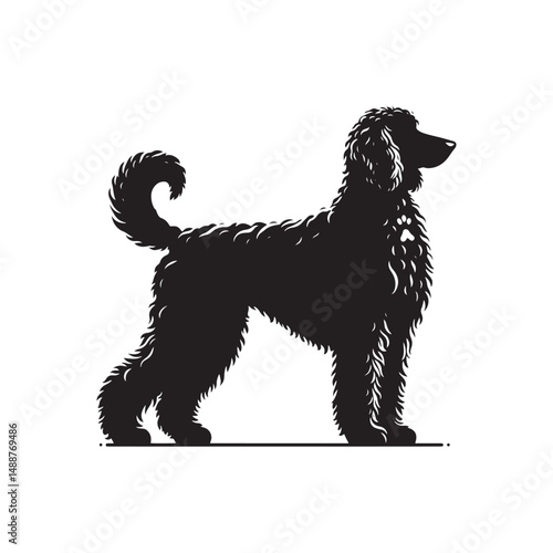Labradoodle dog silhouette showcasing curly coat, friendly posture, playful and intelligent nature, medium-sized companion, loyal and affectionate pet, energetic, hypoallergenic breed, joyful and lovi