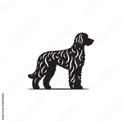Labradoodle dog silhouette showcasing curly coat, friendly posture, playful and intelligent nature, medium-sized companion, loyal and affectionate pet, energetic, hypoallergenic breed, joyful and lovi