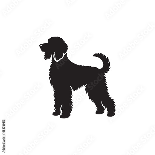 Labradoodle dog silhouette showcasing curly coat, friendly posture, playful and intelligent nature, medium-sized companion, loyal and affectionate pet, energetic, hypoallergenic breed, joyful and lovi