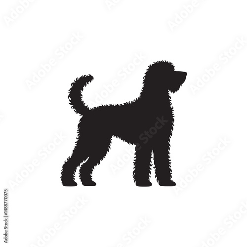 Labradoodle dog silhouette showcasing curly coat, friendly posture, playful and intelligent nature, medium-sized companion, loyal and affectionate pet, energetic, hypoallergenic breed, joyful and lovi