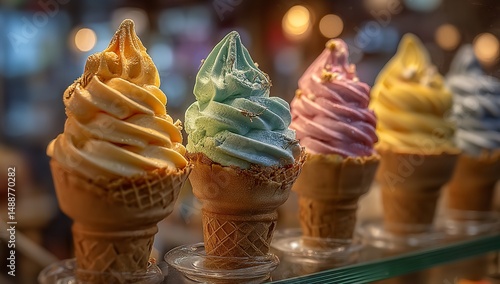 Colorful Ice Cream Cones with Various Flavors Displayed in Shop Window, Blurred Background