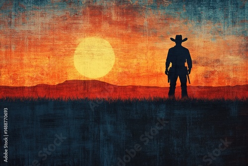 A lone cowboy silhouette stands tall against a vivid sunset in a painted landscape.