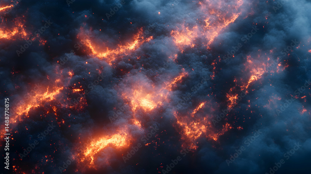 Fiery Lava Flow Through Dark Smoke and Ash in Volcanic Eruption Fiery Lava Flow Through Dark Smoke and Ash in Volcanic Eruption