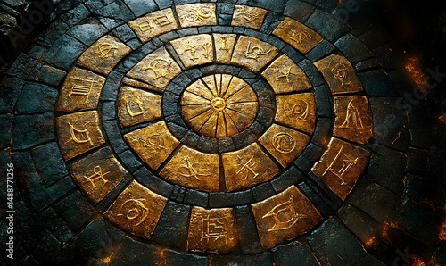 Ancient stone circle with golden symbols, textured floor, firelight glow