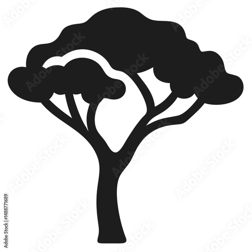 Simple black silhouette of an acacia tree with transparent background
