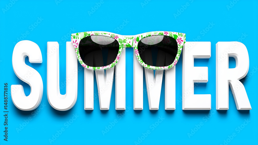 Summer text with floral sunglasses on blue background