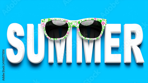 Obraz na płótnie Summer text with floral sunglasses on blue background w salonie