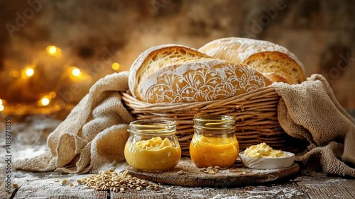 Artisan Bread Still Life: Rustic Charm with Golden Spreads