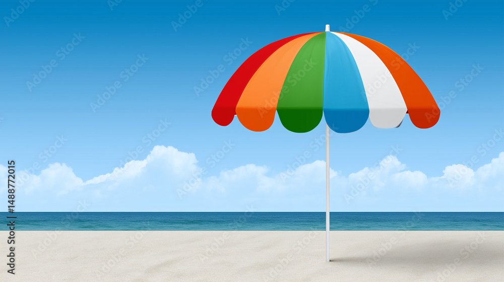 Colorful beach umbrella on a sandy shore with blue sky