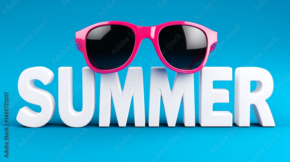 Summer text with pink sunglasses on blue background