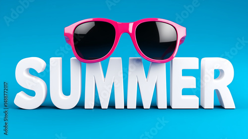 Summer text with pink sunglasses on blue background