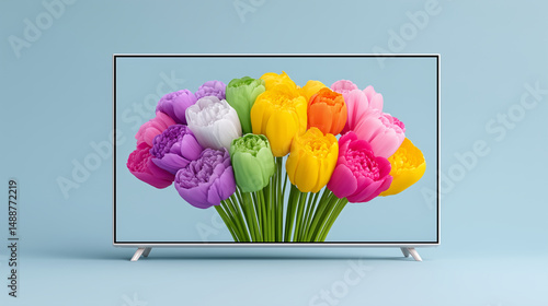 Obraz na płótnie Modern television displaying colorful tulips on a pastel background w salonie