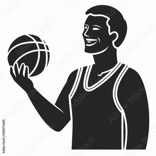 Vector illustration of a smiling basketball player holding a basketball with transparency