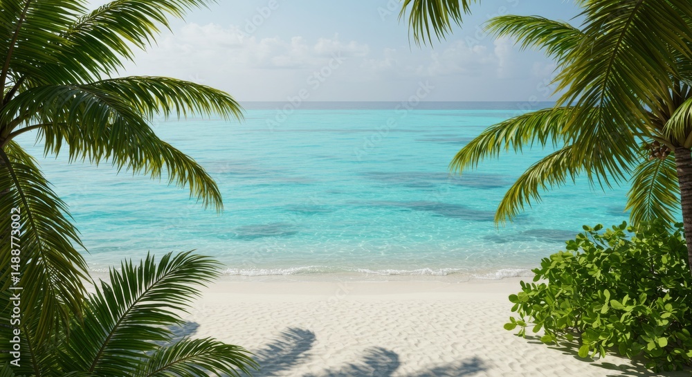 Obraz premium Tropical Beach Paradise: Palm Trees and Turquoise Water - Serene beach scene, symbolizing relaxation, escape, tranquility, paradise