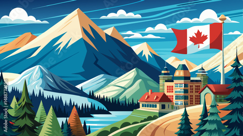 Canadian flag with View over the town of Banff and the Canadian Rockies seen from Sulphur Mountain.