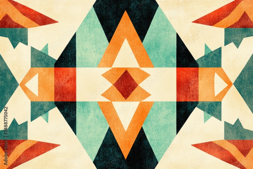 Fototapeta premium Abstract geometric pattern with triangles, diamonds, and rectangles in teal, orange, red, and black on a textured cream background.