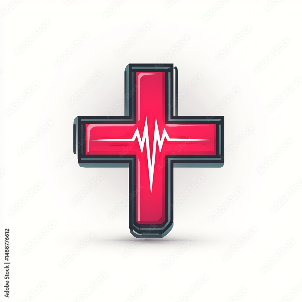 Fototapeta premium Medical cross with heartbeat line on white background