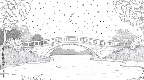 Wallpaper Mural Night scene, stone bridge over calm river, trees, crescent moon, stars, children's book illustration Torontodigital.ca