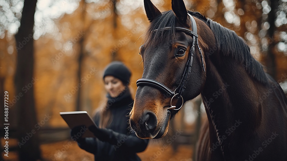 Obraz premium Woman interacts with digital device near horse in autumnal park