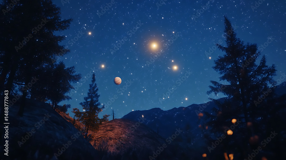 Naklejka premium Surreal galaxy featuring cosmic stars and floating planets high resolution picture