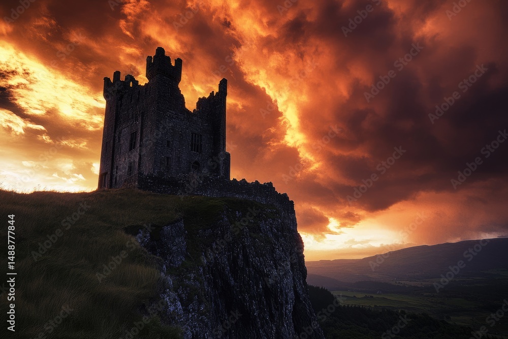 Fototapeta premium Dramatic view of ruined castle on a cliff against a fiery sunset sky.