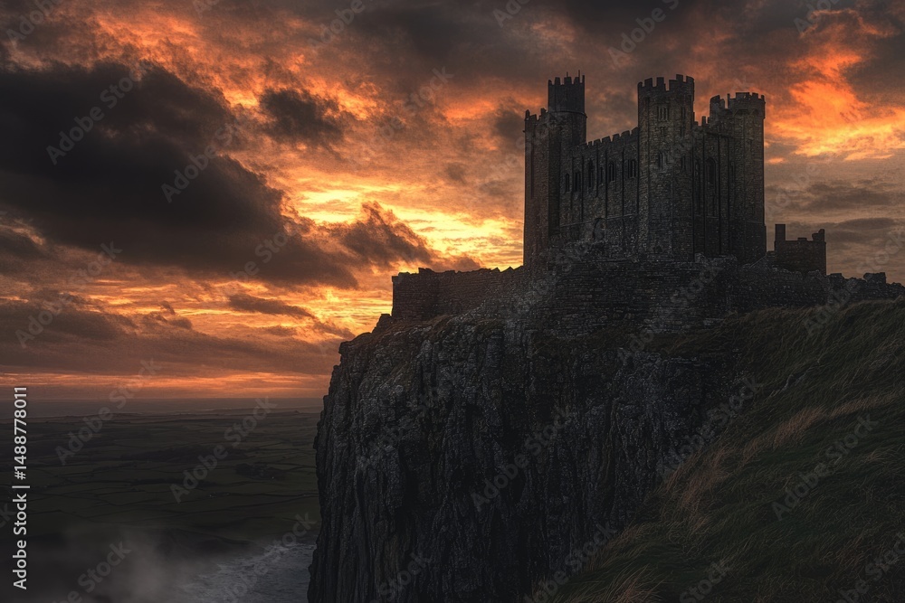 Fototapeta premium A dramatic castle stands on a cliff during sunset, with fiery clouds and a rugged landscape under a dark sky.