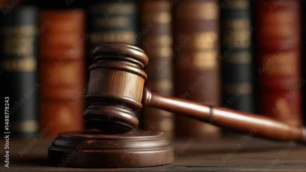 A polished hardwood surface with a wooden gavel lying on it and law books in the backdrop A polished hardwood surface with a wooden gavel lying on it and law books in the backdrop