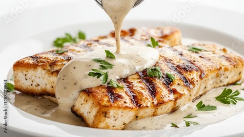 Grilled fish fillet topped with creamy white sauce and garnished with fresh herbs on a white plate.