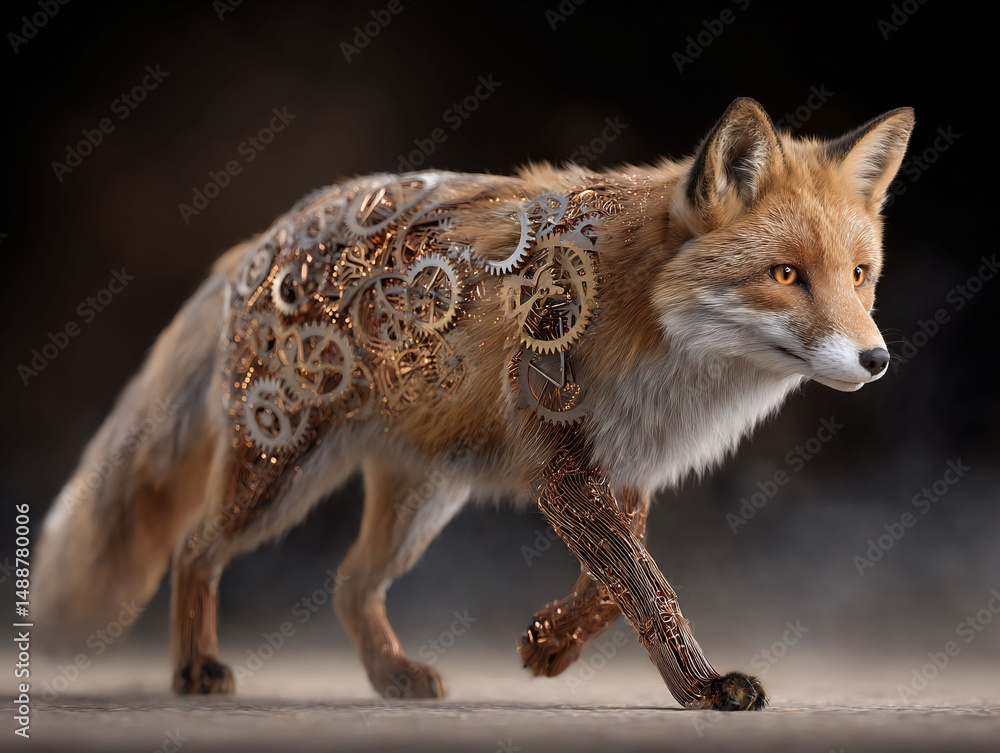 Fototapeta premium Clockwork Fox Strides Through Shadowy Landscape