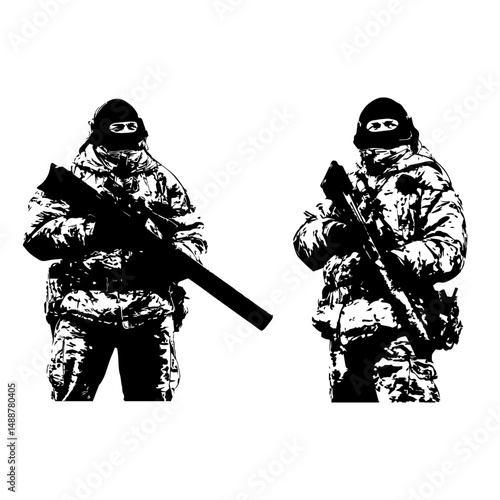 Special forces soldier with rifle in full gear. Army military man vector illustration. 