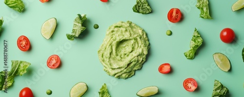 Flat lay of guacamole, cherry tomatoes, lime slices, lettuce, and peas on a mint green background.