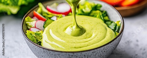 Fresh green dressing being poured over a colorful salad with lettuce, radishes, and veggies in a bowl.