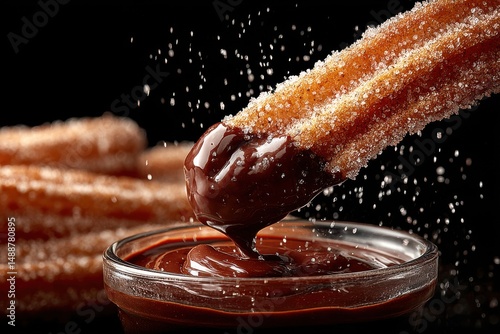A close-up studio shot of a churro being dipped in rich, dark chocolate sauce, a delicious sweet treat perfect for dessert or a snack, with a black backdrop.