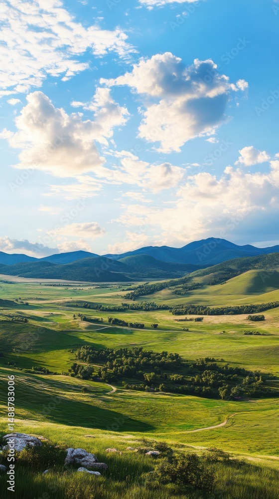 Obraz premium Breathtaking nature landscape overlooking rolling hills vast meadows and scenic mountains daylight panoramic view