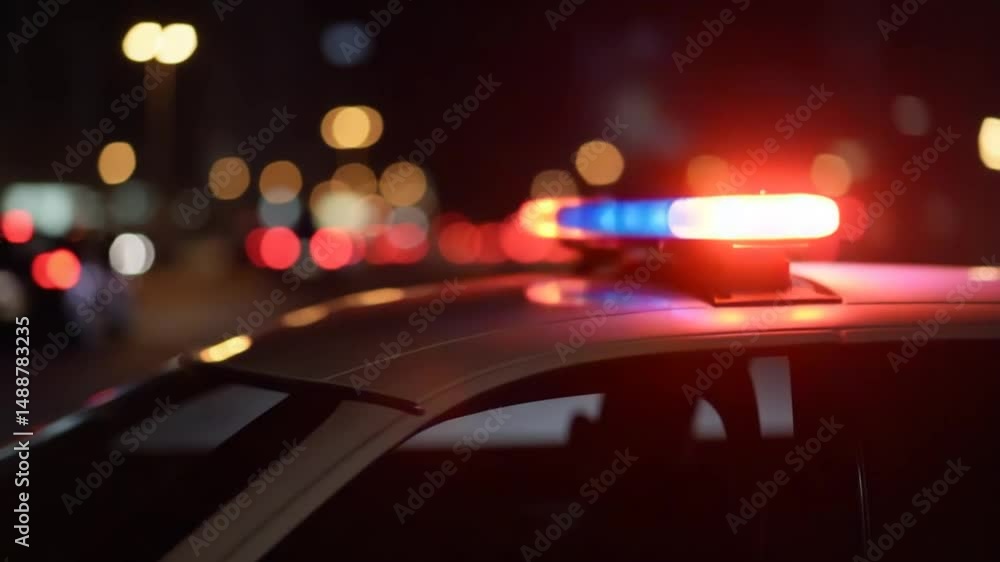 police car lights flickering in night city with selective focus and bokeh