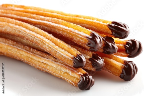 Delicious churros, coated in sugar, are dipped in rich chocolate, a sweet treat, a snack that is perfect for eating any time of day on white background