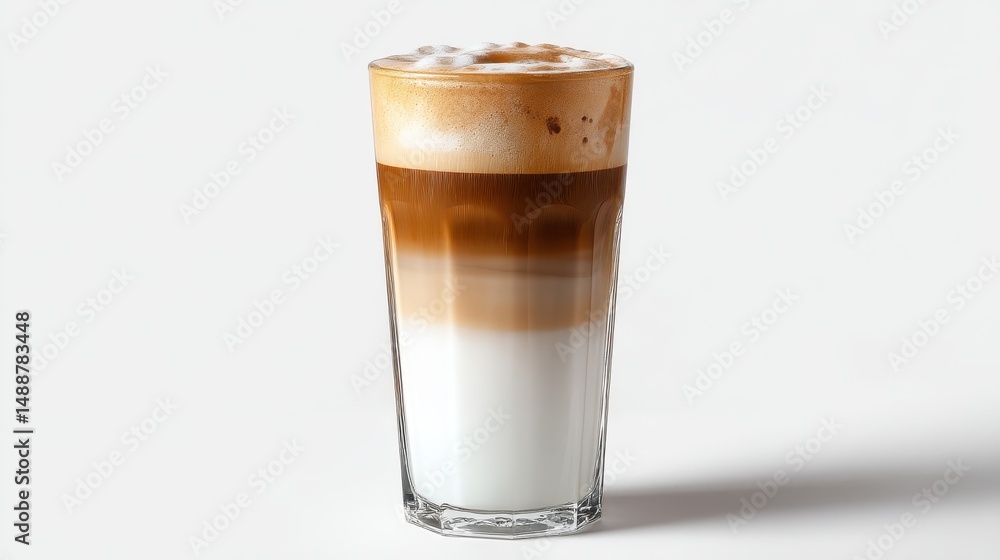 A 4K photo of layered Latte Macchiato in a Tall Glass on a White Background. A 4K photo of layered Latte Macchiato in a Tall Glass on a White Background.