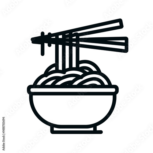 Bowl of noodles with chopsticks, minimalistic style, black and white, food app icon