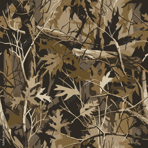 Vector camouflage design. Seamless pattern. Hunting camouflage. Forest background. Jungle texture. Digital camouflage. Abstract. Real tree hunting camouflage pattern. Tree, leaves and stems texture