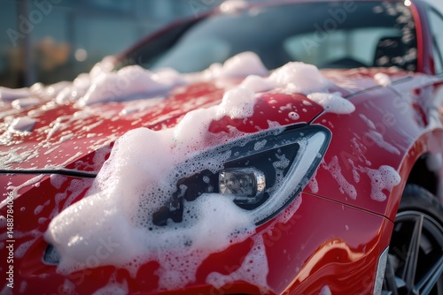Close-up of a red sports car covered in soap suds during a car wash, highlighting its sleek design and the meticulous process of auto detailing for cleanliness.