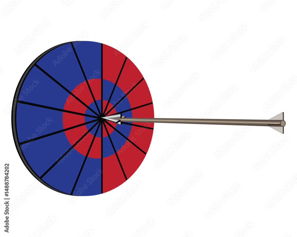 Obraz premium vector design of an arrow stuck right in the center point of a round target with a mixture of blue and red colors